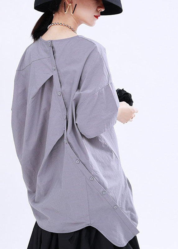 French Grey Asymmetrical Design Button Patchwork Fall Shirt Half Sleeve