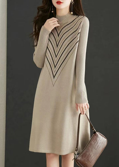 Apricot O Neck Print Zircon Patchwork Knit Dress Fall