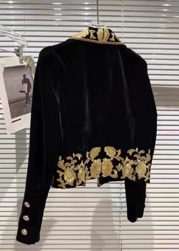 Black Handmade Embroideried Velour Coats Spring