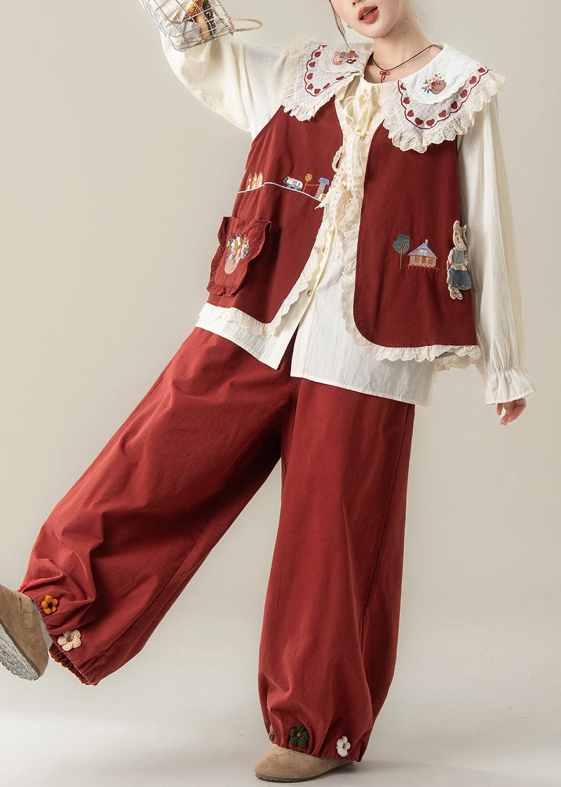 Red Peter Pan Collar Lace Patchwork Cotton Three Piece Set Fall