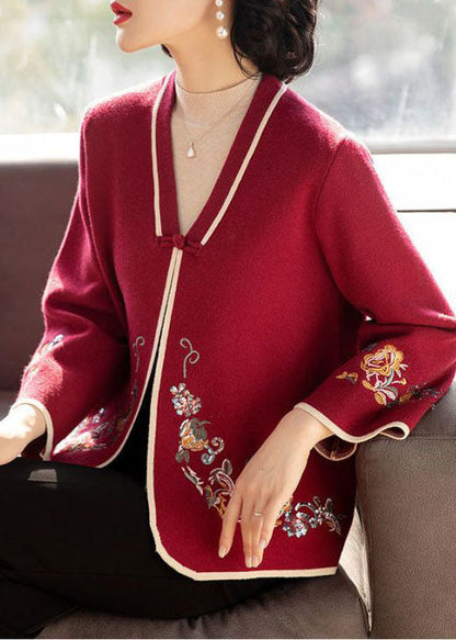 Red Embroideried Oriental Button Woolen Coats Long Sleeve