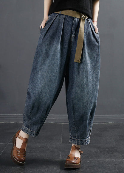 Denim Navy Pockets Patchwork High Waist Lantern Pants Fall