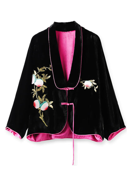 Black Chinese Button Embroideried Silk Velour Coats Long Sleeve