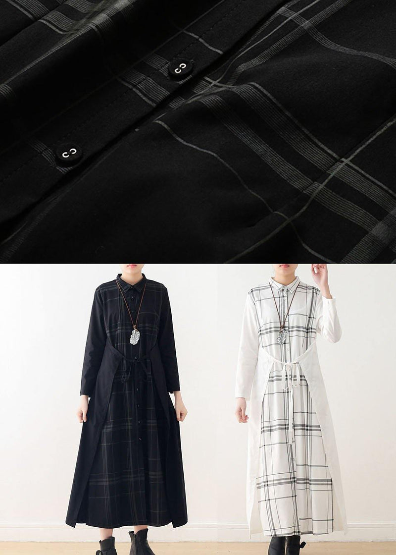 Organic Black Plaid Tie Long Sleeve Holiday Dress Fall