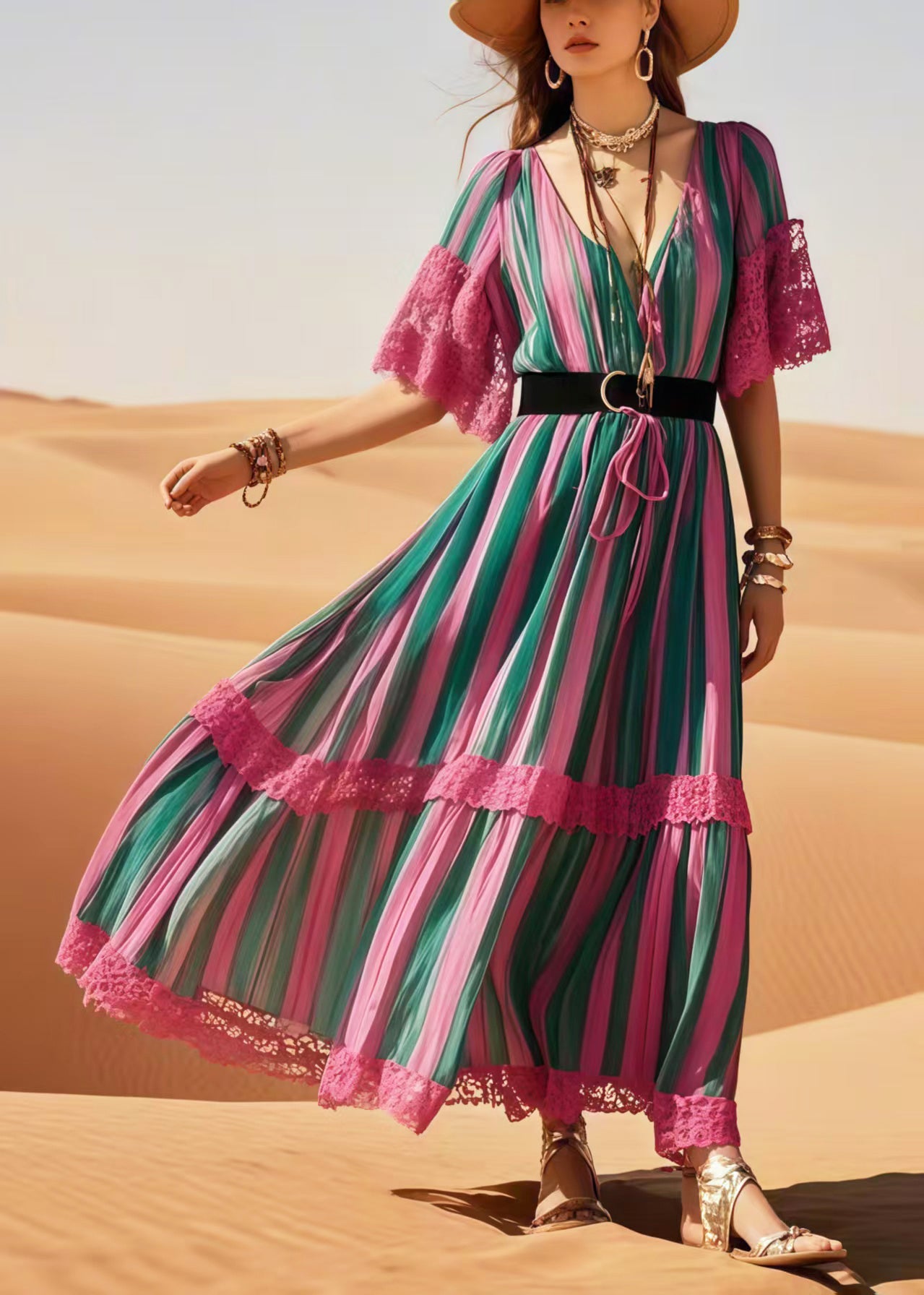 Polychrome Striped Patchwork Lace Tunic Dress Summer