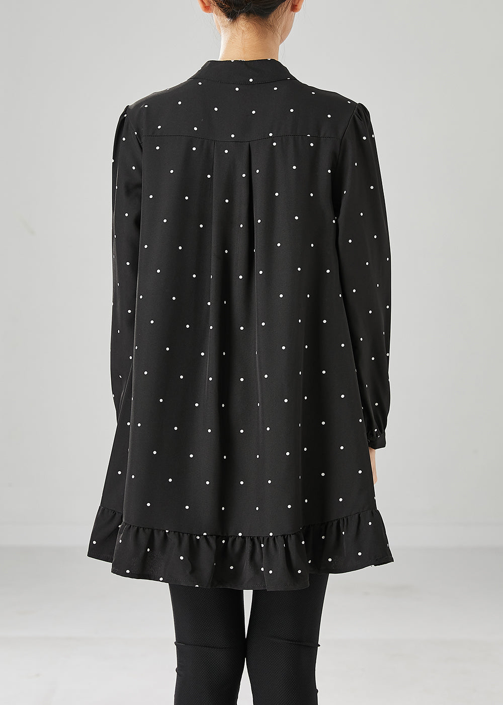 Black Dot Print Ruffles Cotton Mini Dresses Fall