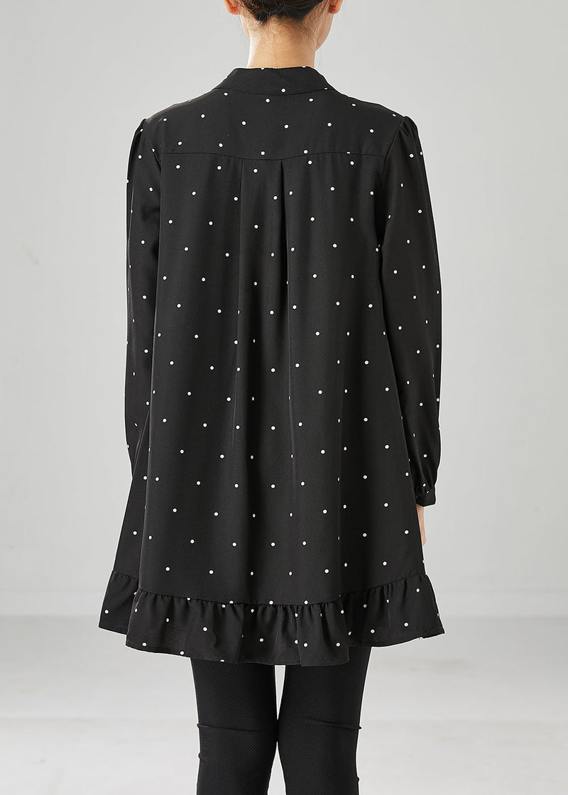 Black Dot Print Ruffles Cotton Mini Dresses Fall