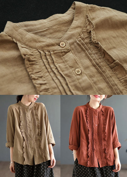 Khaki Ruffled Color Cotton Shirt Tops Spring