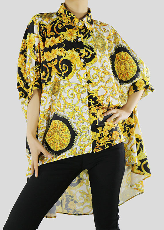 Diy Yellow Low High Design Peter Pan Collar Print Shirt Batwing Sleeve