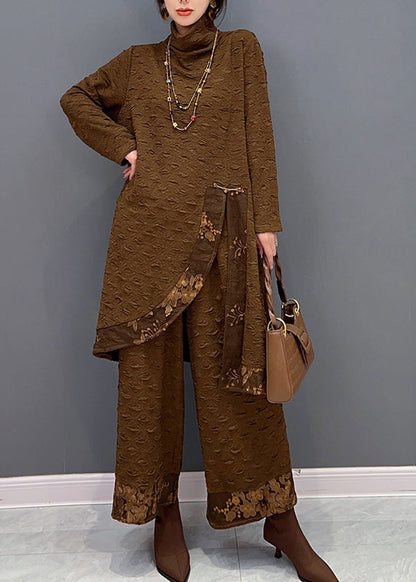 Chocolate Turtleneck Print Top and Pants Two Pieces Set Spring