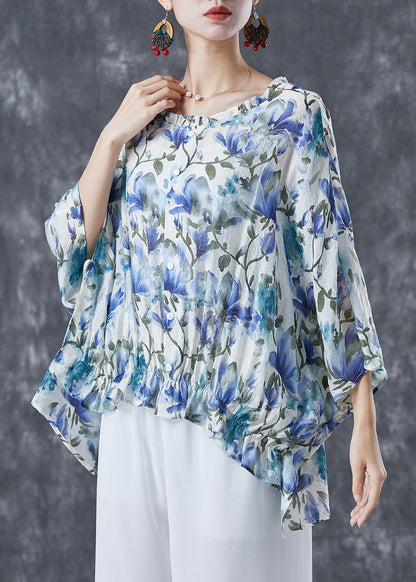 Blue Ruffled Print Cotton Shirt Tops Batwing Sleeve
