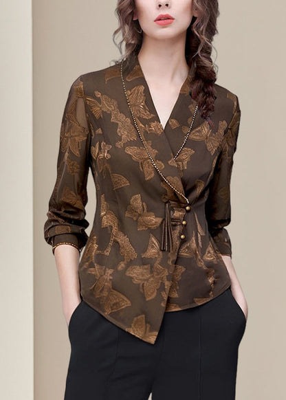 Stylish Coffee Notched Print Button Chiffon Shirt Spring