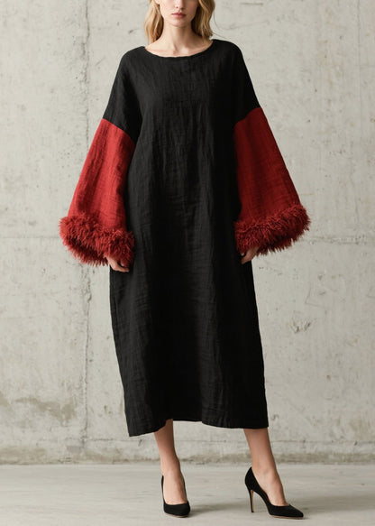 Black Oversized Patchwork Faux Fur Long Dresses Fall