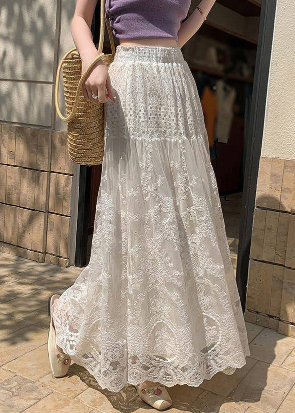 Simple Apricot Hollow Out Lace Elastic Waist Tulle Skirts Summer