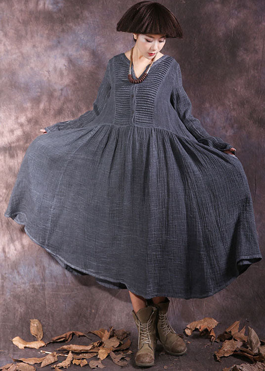French Grey V Neck Wrinkled Cotton Holiday Dress Spring