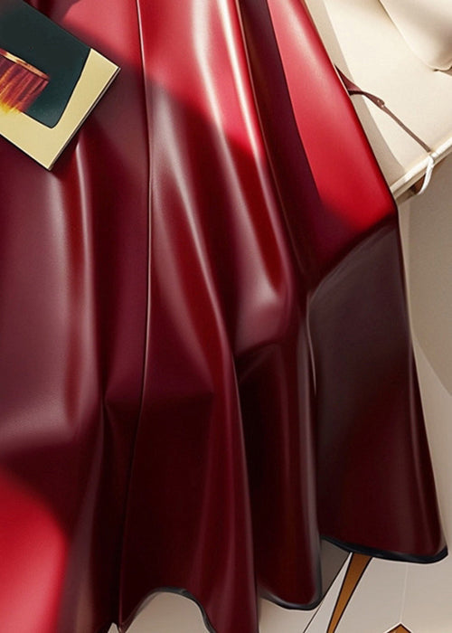 Stylish Red Sashes High Waist Faux Leather Skirts Spring