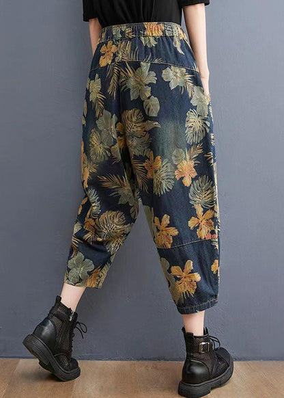 French Navy Elastic Waist Drawstring Pockets Print Denim Pants Spring