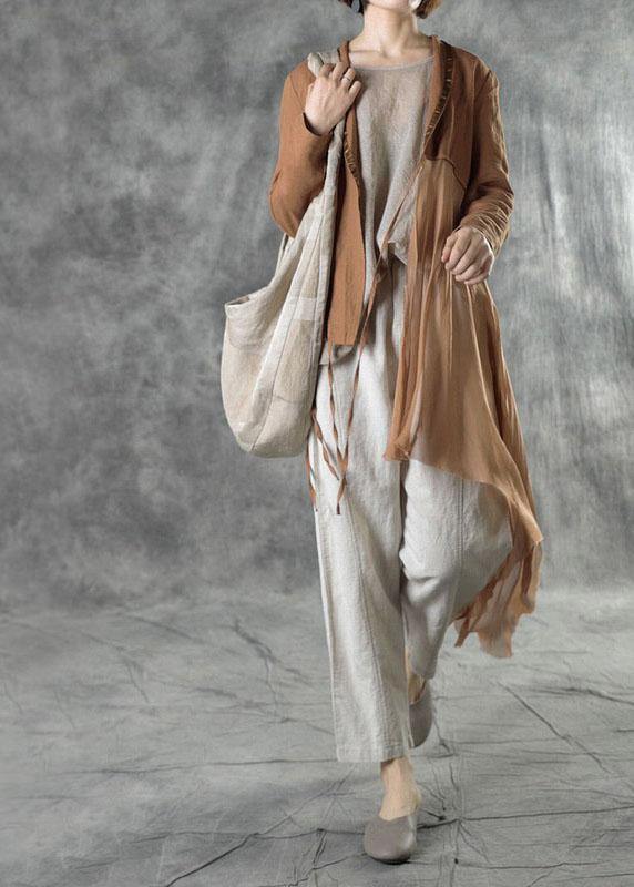 Khaki Tie Waist Patchwork Asymmetrical Design Fall Jackets Long Sleeve