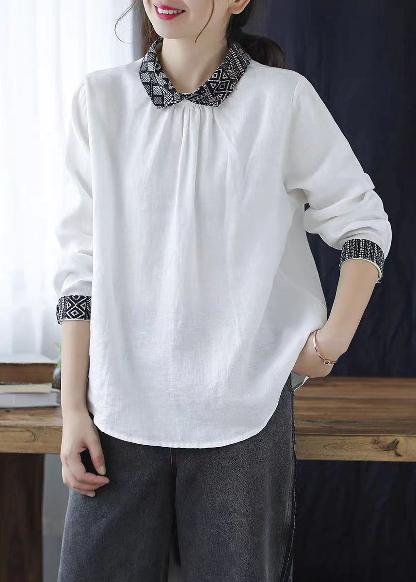 White Peter Pan Collar Patchwork Linen Blouse Tops Spring
