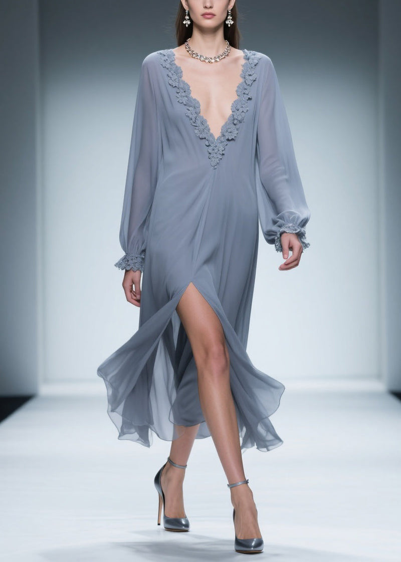 Blue Lace Side Open Chiffon Dress V Neck Butterfly Sleeve Spring