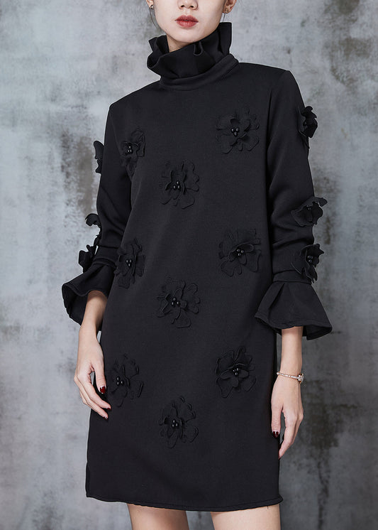 Black Turtle Neck Cotton Dress Flare Sleeve