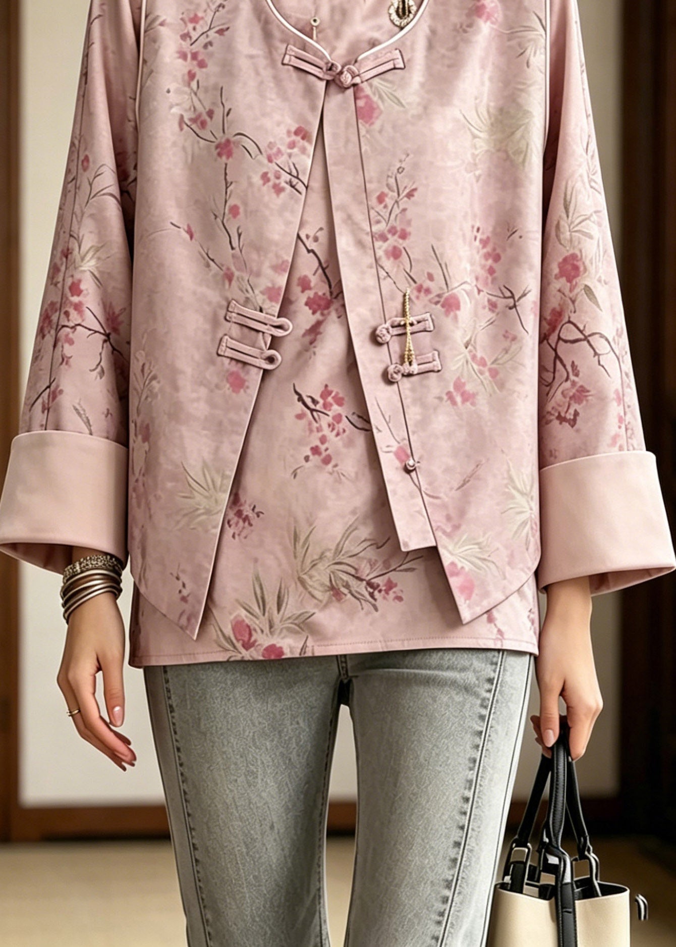 Chinese Style Pink Print Waistcoat and Shirt Two Pieces Set Long Sleeve