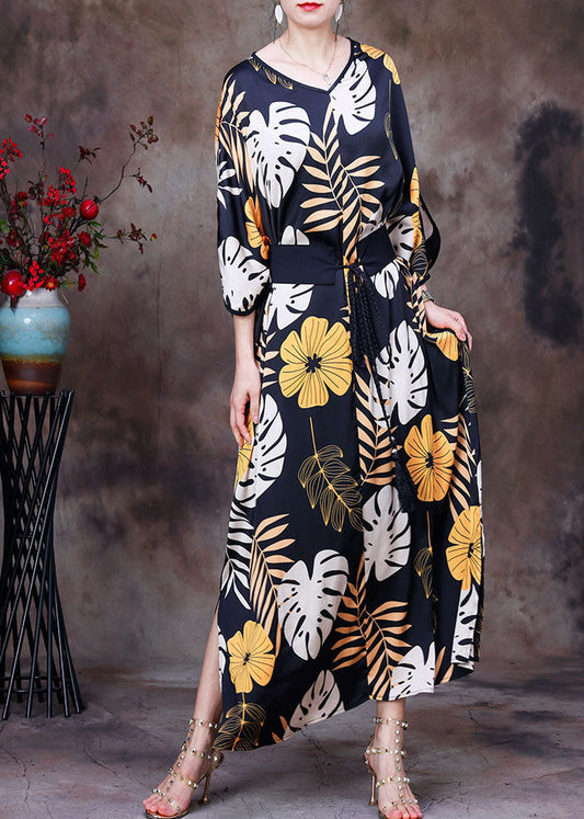 Black V Neck Print Side Open Sashes Silk Vacation Long Dress Bracelet Sleeve
