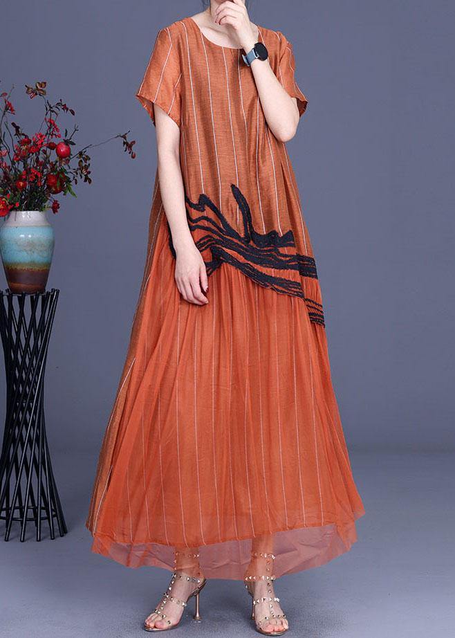 Orange Embroidery Patchwork Summer Silk Dresses Short Sleeve