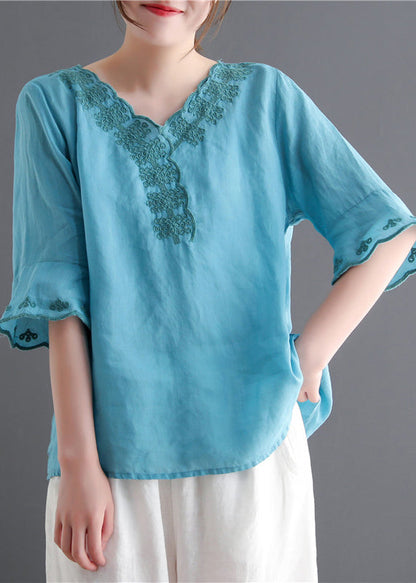 Lake Blue V Neck Embroideried Linen Tops Flare Sleeve