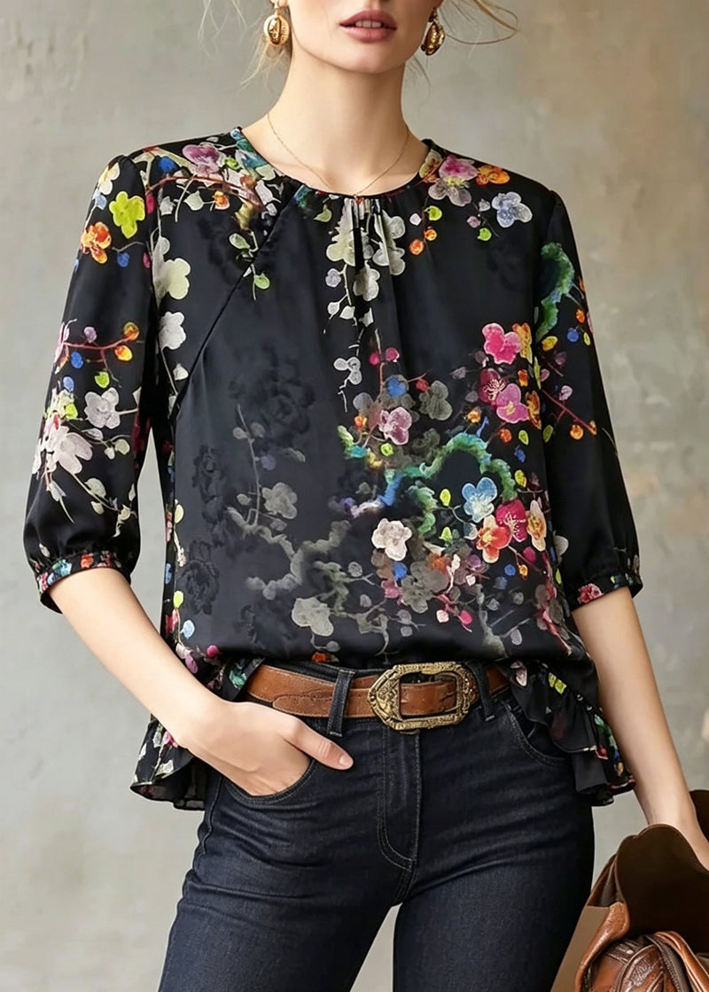 Stylish Black Ruffled Print Silk Blouse Top Summer
