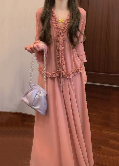 Pink Ruffled Lace Up Shirt and Skirts Chiffon Two Pieces Set Fall