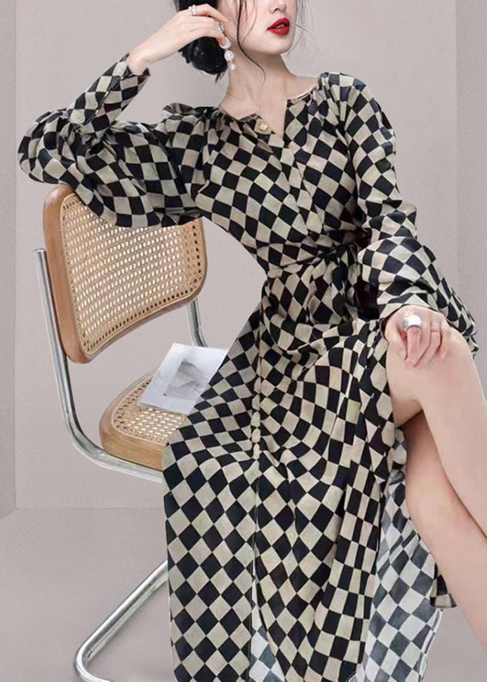 French Plaid Pockets Tie Waist Chiffon Long Dresses Fall