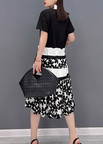 Slim Fit Black O-neck Print Drawstring Patchwork Long Dress Short Sleeve