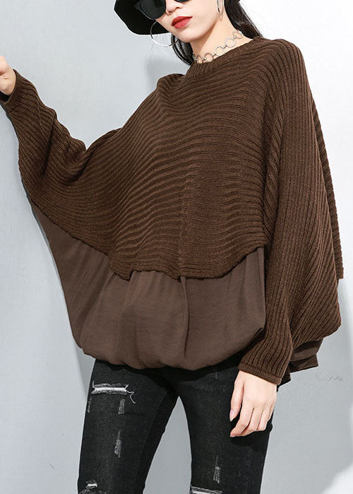 Chocolate O-neck Batwing Sleeve Patchwork Knit Top