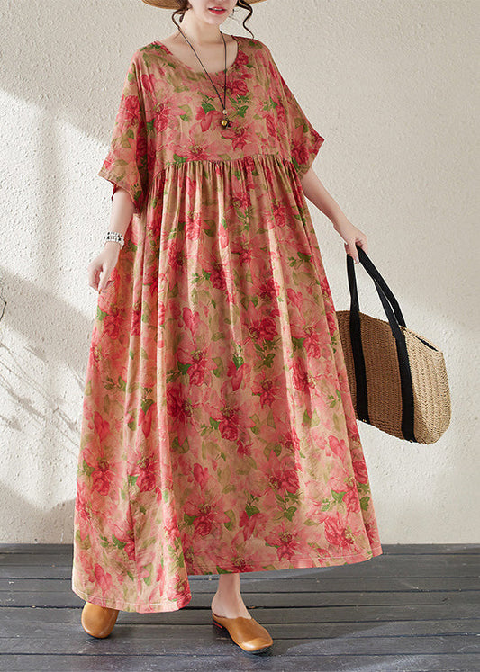 Handmade Red O-neck Print Patchwork Maxi Dress Summer