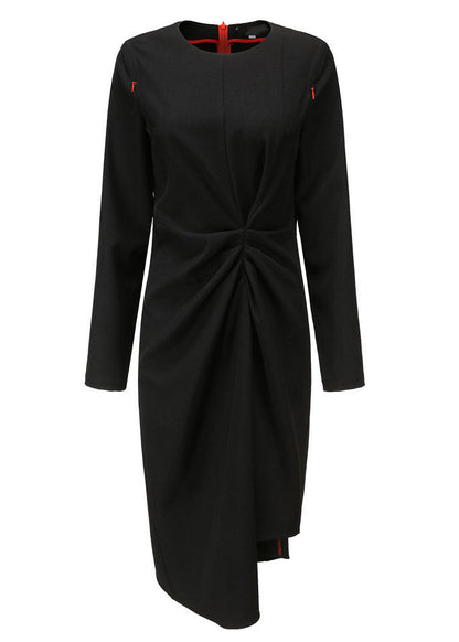 Black O-neck Asymmetrical Patchwork Long Dresses Long Sleeve