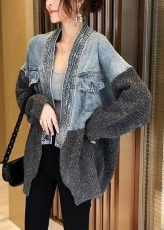 Autumn Winter New Loose Fit Denim Spliced Knitted Cardigan Coat