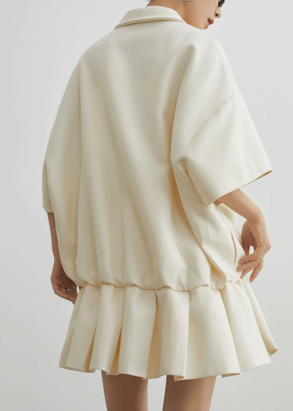 Beige Peter Pan Collar Wrinkled Patchwork Cotton Dress Summer