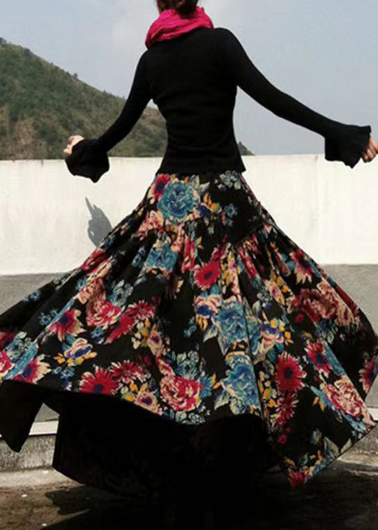 Black Wrinkled Asymmetrical Print Cotton Skirts Spring