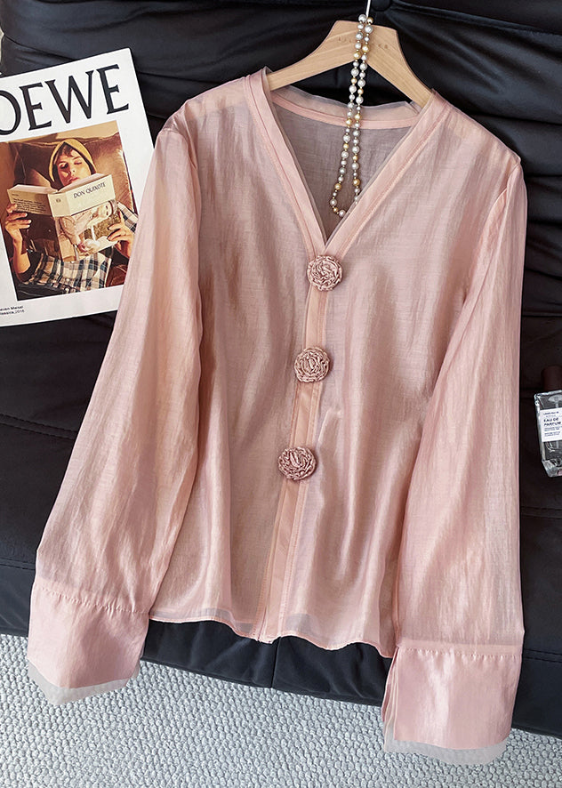 Brick Red V Neck Decorated Cotton Shirts Fall