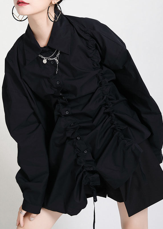 Black Peter Pan Collar Button Asymmetrical Design Drawstring Fall Shirts Long Sleeve