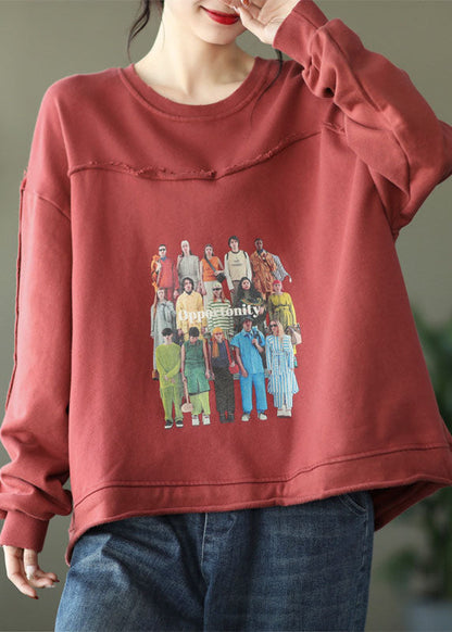 Red Print Cotton Loose Sweatshirts Top Spring