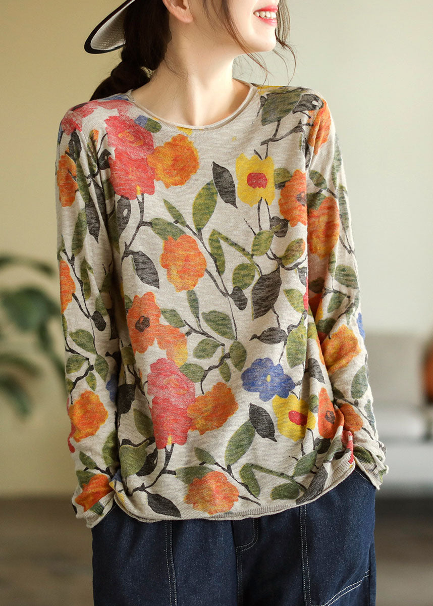 Beige O-neck Print Knit Tops Fall