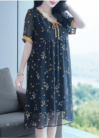 Black Lace Up Wrinkled Patchwork Print Chiffon Party Dress Short Sleeve