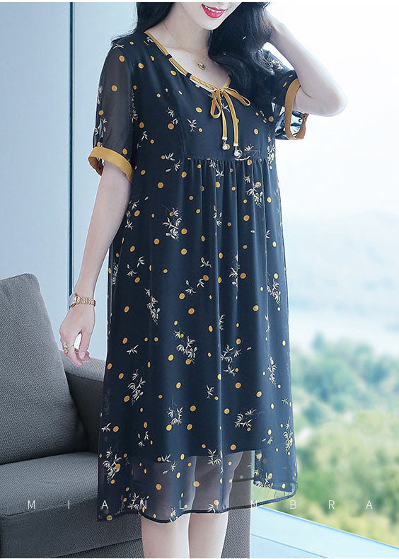 Black Lace Up Wrinkled Patchwork Print Chiffon Party Dress Short Sleeve