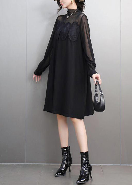 Black Lace Pockets Tulle Patchwork Dresses Fall