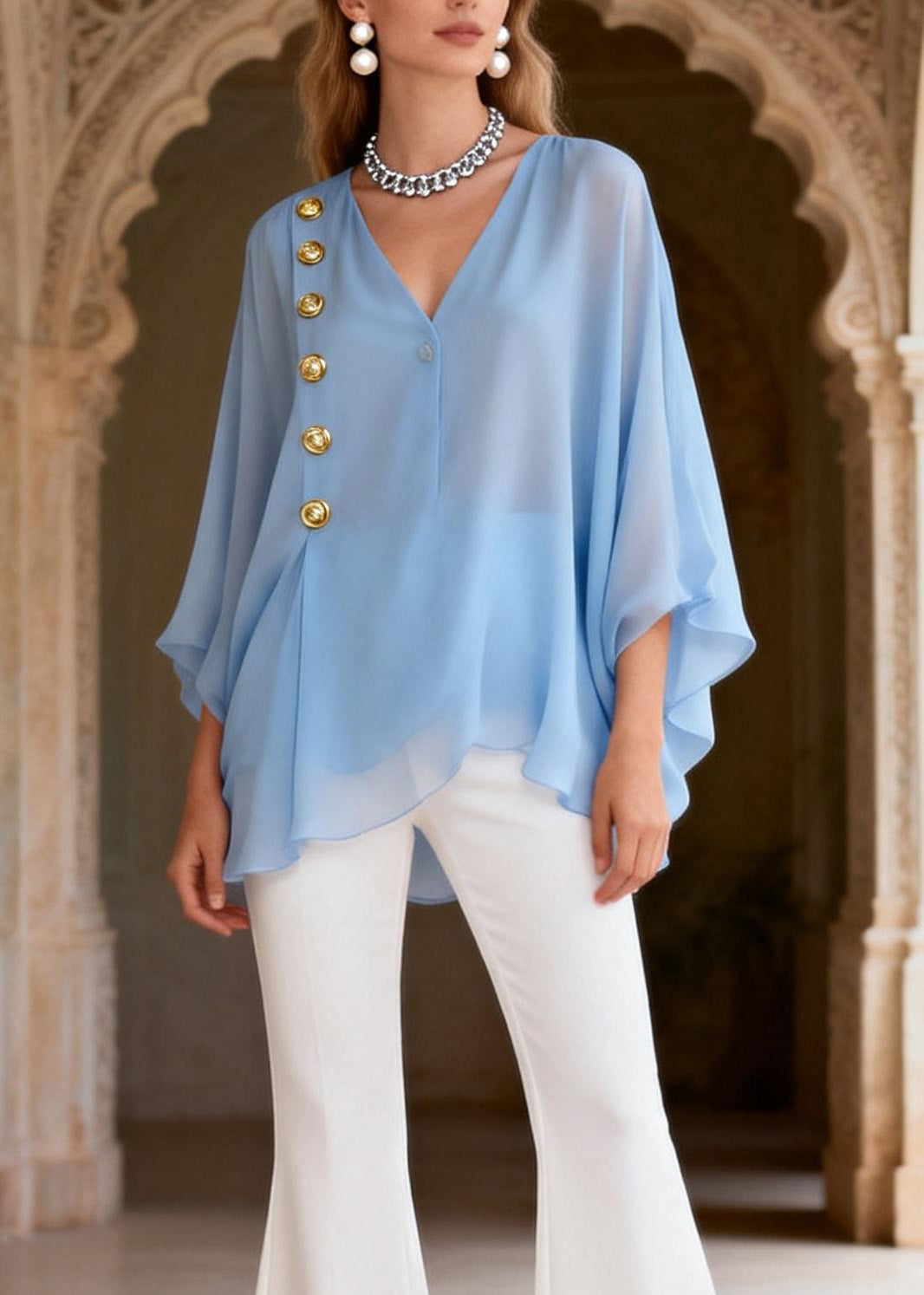 Style Blue V Neck Top and White Pants Silk Sets 2 Pieces Summer