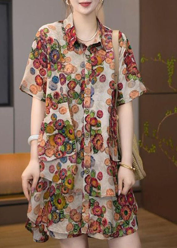 Diy Khaki Oversized Print Chiffon Two Pieces Set Summer