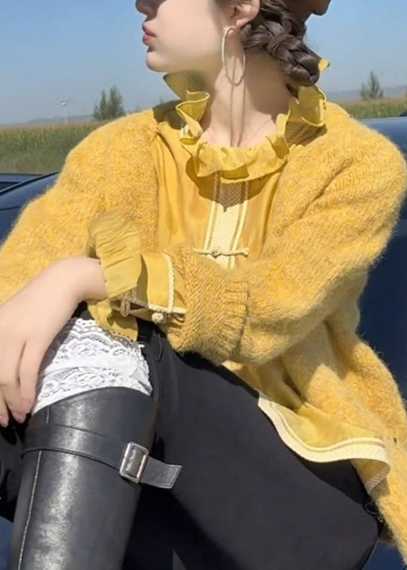 Brief Yellow O-neck Button Cotton Knit Cardigan Spring