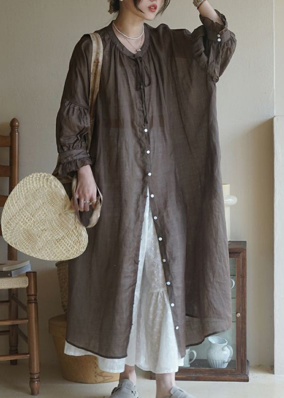 Coffee Ruffled Button Cotton Shirt Long Dresses Long Sleeve